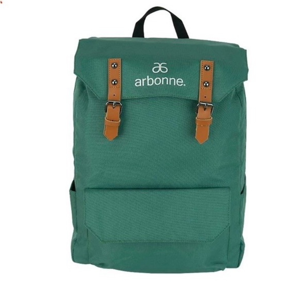 Limited Edition ARBONNE ECO-FRIENDLY BACKPACK GREEN with Brown Straps NWT
